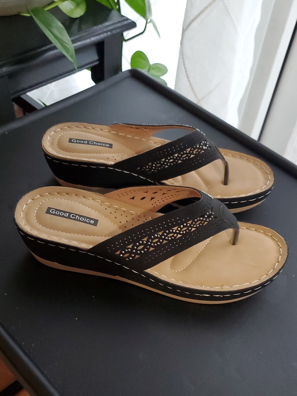 Good Choice Bari Black Wedge Thong Sandals with Tan Footbed